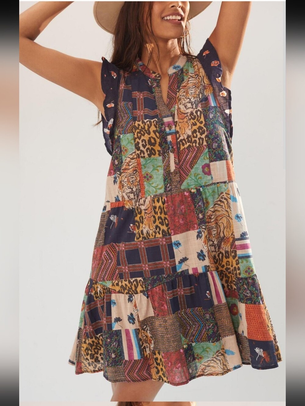 Pilcro Anthropologie Henley Patchwork Boho Ruffle Mini Cotton Dress Size Medium